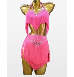 Custom size fuchsia hot pink fringe competition latin dance dresses for women girls kids juvenile salsa samba flamenco dancing skirts for female